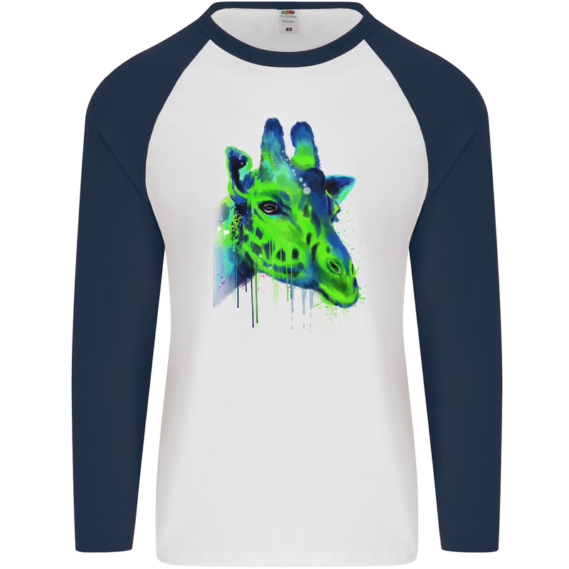 Giraffe Watercolour Mens L/S Baseball T-Shirt White/Navy Blue