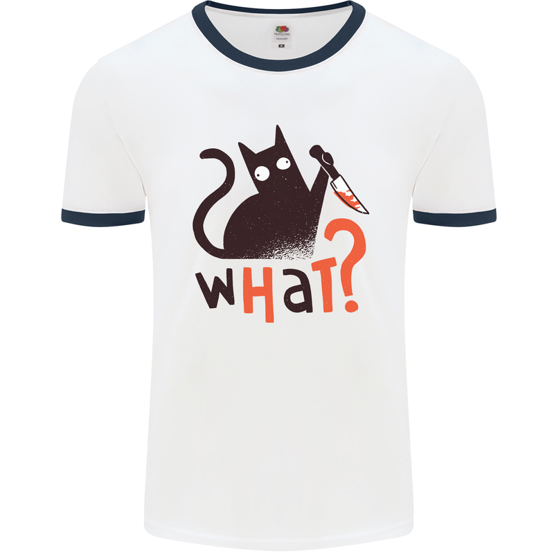 What? Funny Murderous Black Cat Halloween Mens Ringer T-Shirt White/Navy Blue