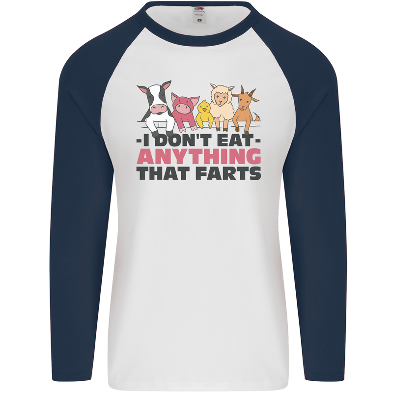 Anything That Farts Funny Vegan Vegetarian Mens L/S Baseball T-Shirt White/Navy Blue