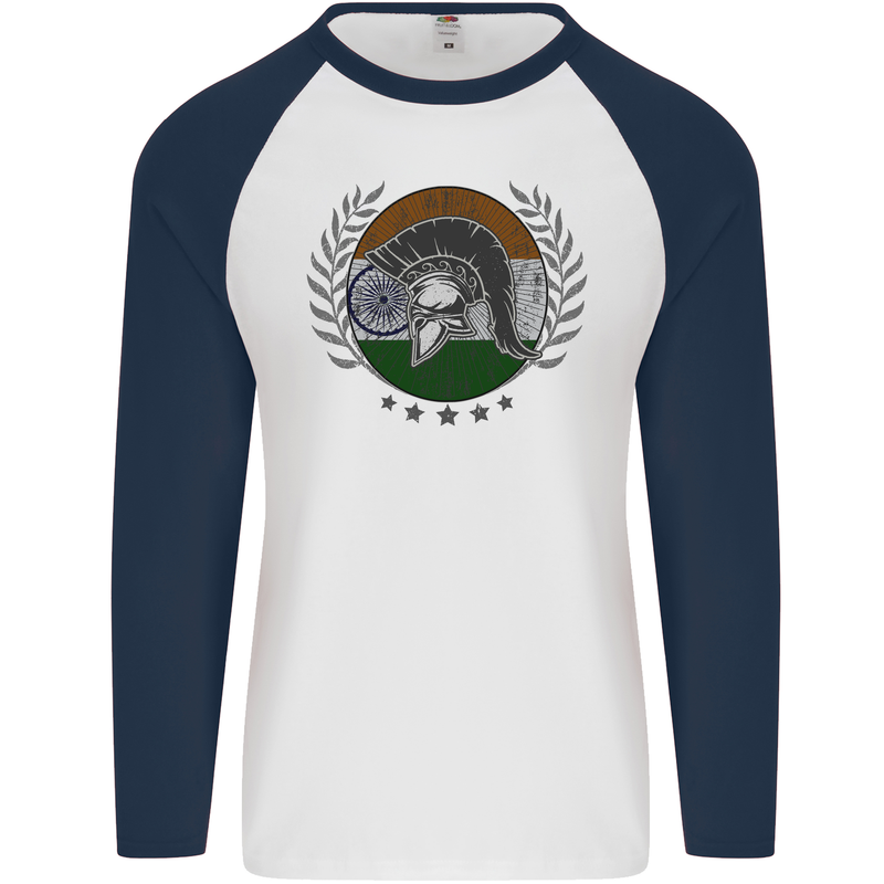 India Bodybuilding Flag Gym Training Indian Mens L/S Baseball T-Shirt White/Navy Blue