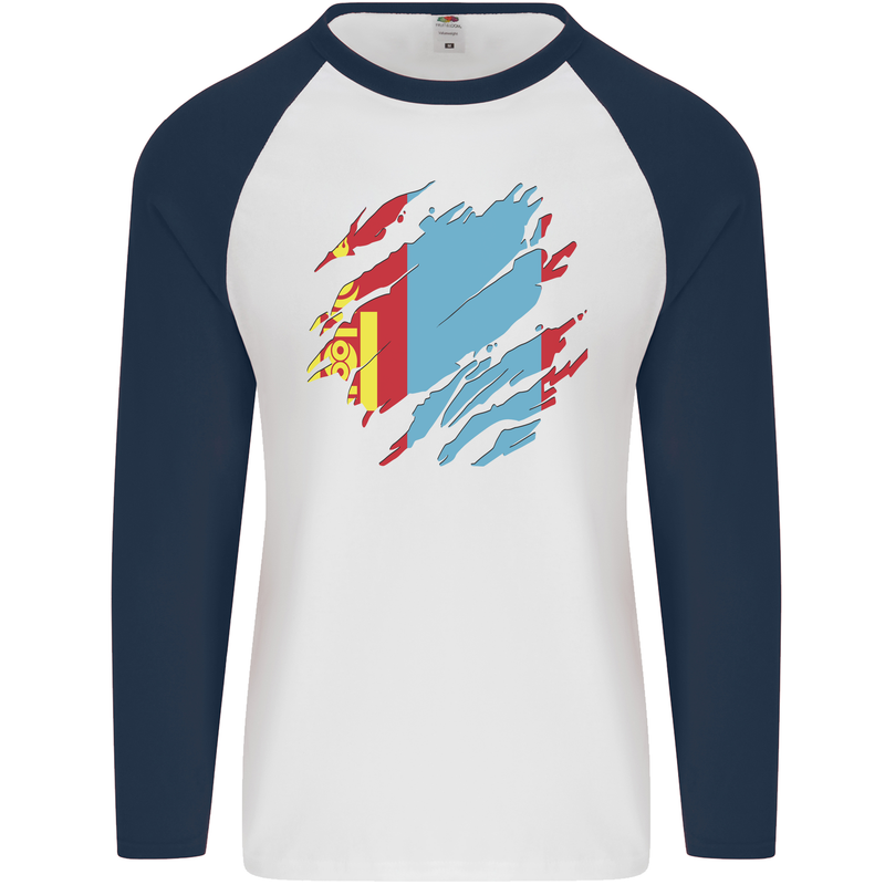 Torn Mongolia Flag Mongolian Day Football Mens L/S Baseball T-Shirt White/Navy Blue