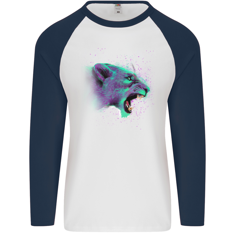 A Watercolour Lion Mens L/S Baseball T-Shirt White/Navy Blue