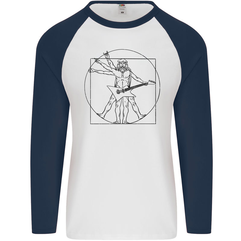 Old Rocker Vitruvian Guitarist Funny Guitar Mens L/S Baseball T-Shirt White/Navy Blue