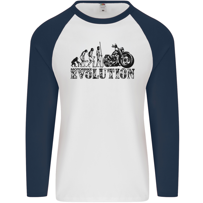 Evolution of Motorcycle Motorbike Biker Mens L/S Baseball T-Shirt White/Navy Blue