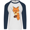 An Orange Fox Illustration Mens L/S Baseball T-Shirt White/Navy Blue