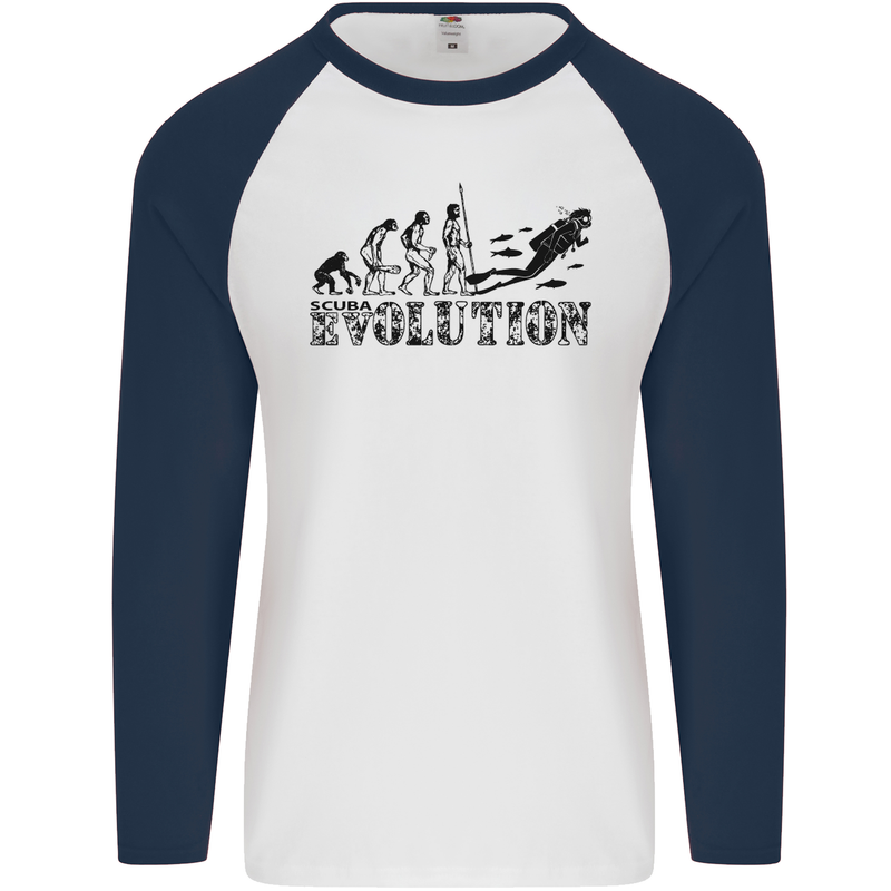 Evolution of a Scuba Diver Diving Funny Mens L/S Baseball T-Shirt White/Navy Blue