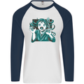 A Gothic Zombie Teddy Bear Halloween Mens L/S Baseball T-Shirt White/Navy Blue