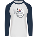 Curled South Korea Flag Korean Day Football Mens L/S Baseball T-Shirt White/Navy Blue