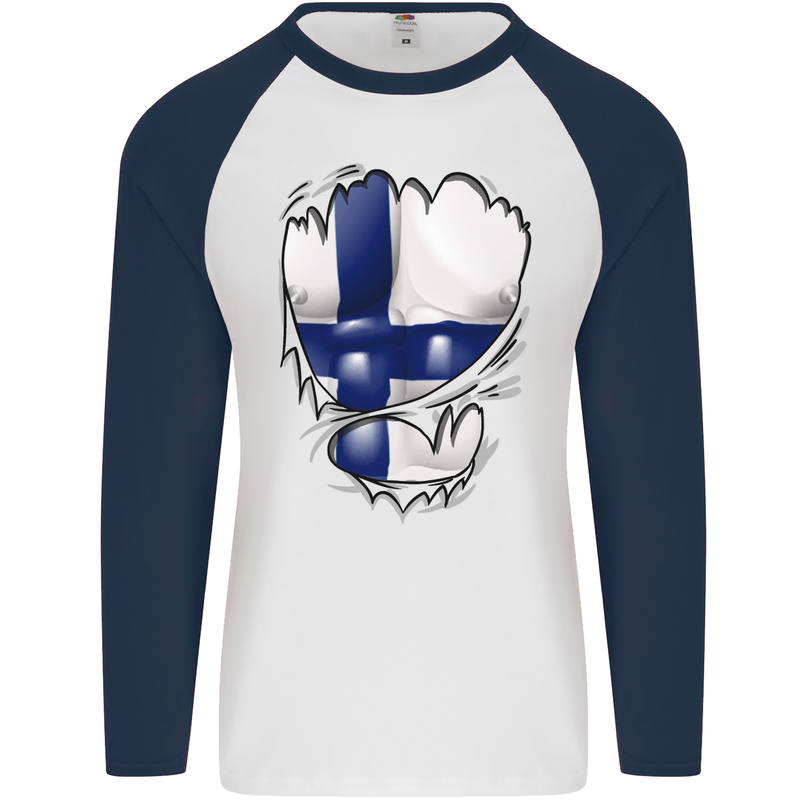 Gym Finnish Flag Ripped Muscles Finland Mens L/S Baseball T-Shirt White/Navy Blue