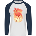 Flamingo Painting Mens L/S Baseball T-Shirt White/Navy Blue