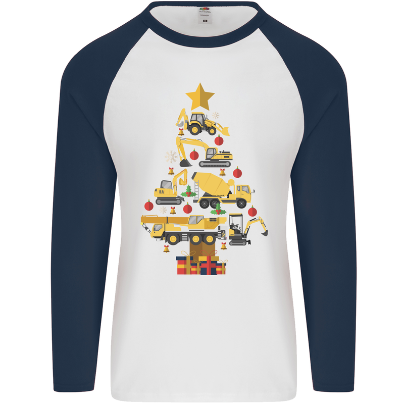 Construction Christmas Tree Digger Lorry Crane Mens L/S Baseball T-Shirt White/Navy Blue