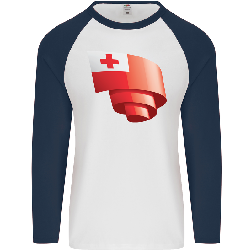 Curled Tongo Flag Tongan Day Football Mens L/S Baseball T-Shirt White/Navy Blue