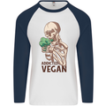 Addicted Vegan Skeleton Eating Vegetables Mens L/S Baseball T-Shirt White/Navy Blue