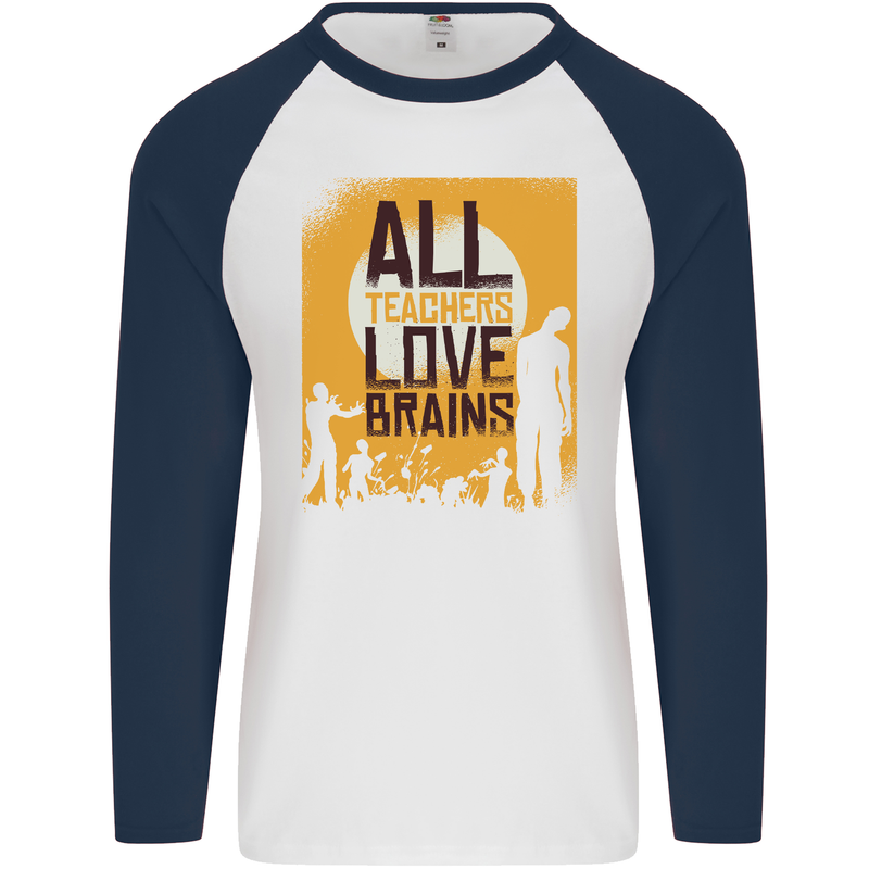 Zombie Teacher Love Brains Halloween Funny Mens L/S Baseball T-Shirt White/Navy Blue