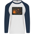 Bigfoot Camping and Cooking Marshmallows Mens L/S Baseball T-Shirt White/Navy Blue