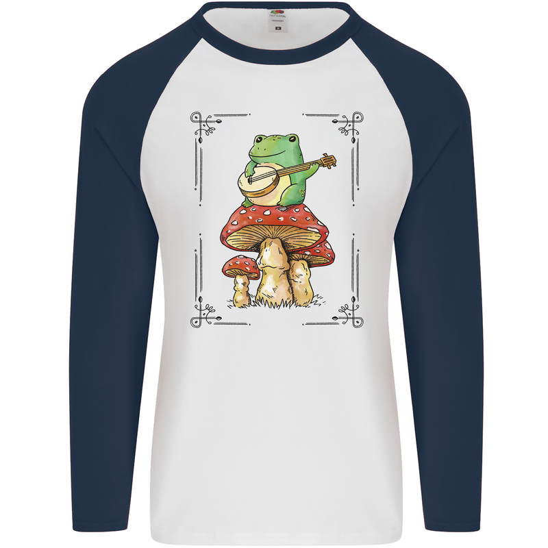 A Frog Playing the Guitar on a Toadstool Mens L/S Baseball T-Shirt White/Navy Blue