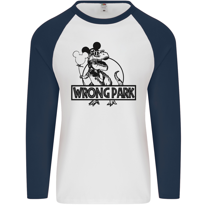 Wrong Park Funny T-Rex Dinosaur Jurrasic Mens L/S Baseball T-Shirt White/Navy Blue