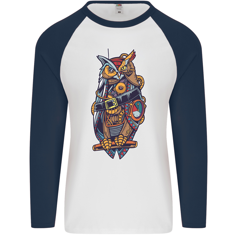 Funny Steampunk Pirate Owl Mens L/S Baseball T-Shirt White/Navy Blue