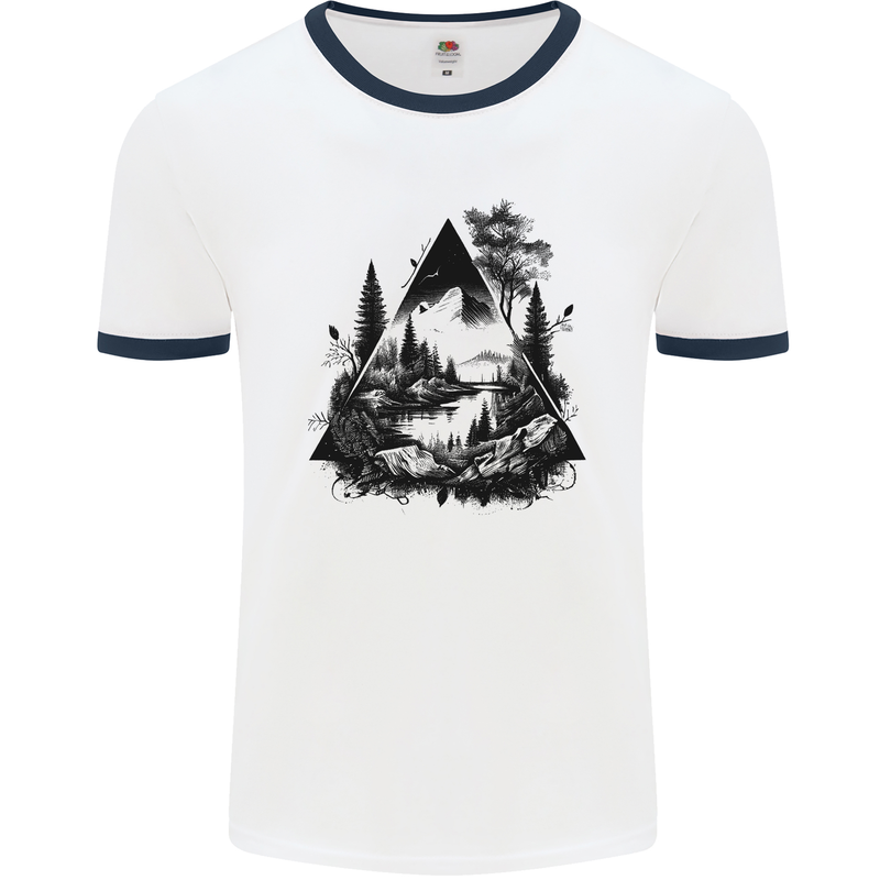 Abstract Outdoors Camping Bushcraft Hiking Trekking Mens Ringer T-Shirt White/Navy Blue