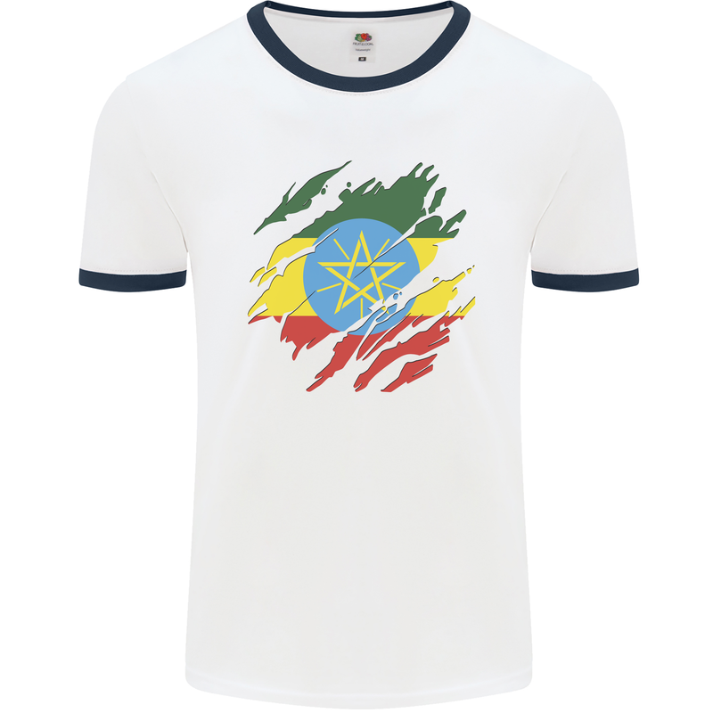 Torn Ethiopia Flag Ethiopian Day Football Mens Ringer T-Shirt White/Navy Blue