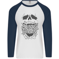 Skull and Chains Motorcycle Motorbike Biker Mens L/S Baseball T-Shirt White/Navy Blue