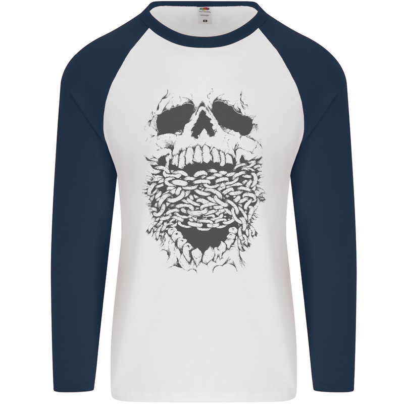 Skull and Chains Motorcycle Motorbike Biker Mens L/S Baseball T-Shirt White/Navy Blue