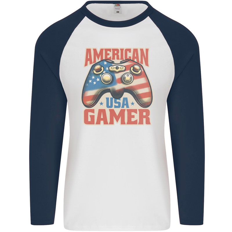 American USA Gamer Video Games Joypad Mens L/S Baseball T-Shirt White/Navy Blue