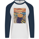 Pumpkin Scream Painting Halloween Mens L/S Baseball T-Shirt White/Navy Blue