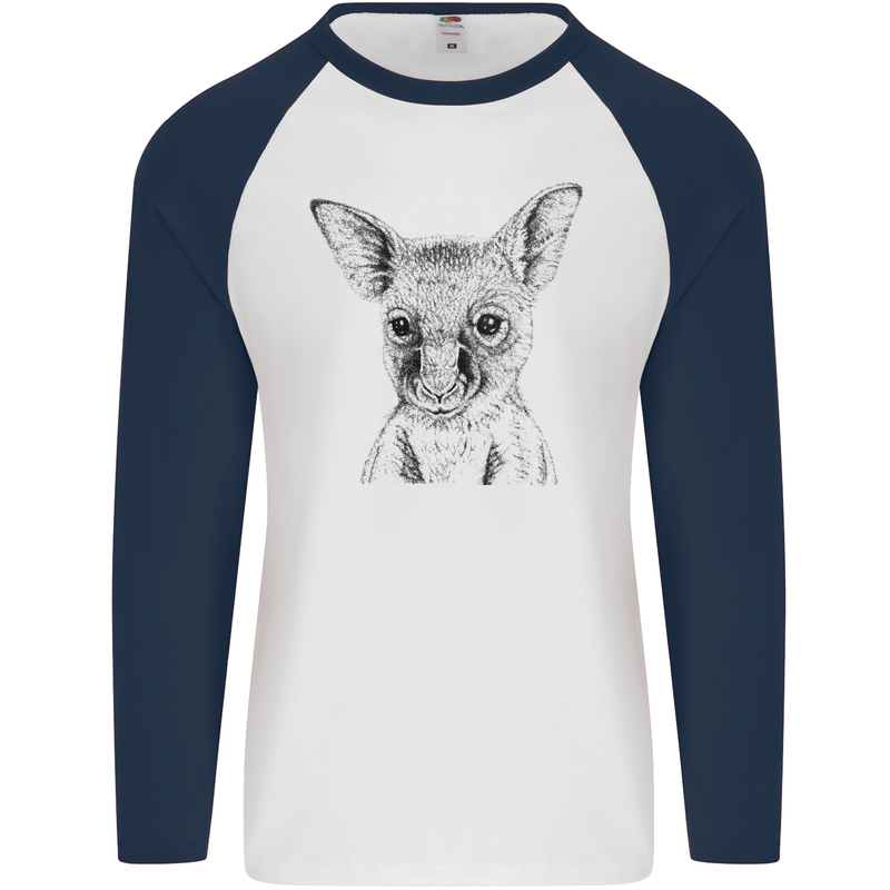 Baby Kangaroo Sketch Ecology Environment Mens L/S Baseball T-Shirt White/Navy Blue
