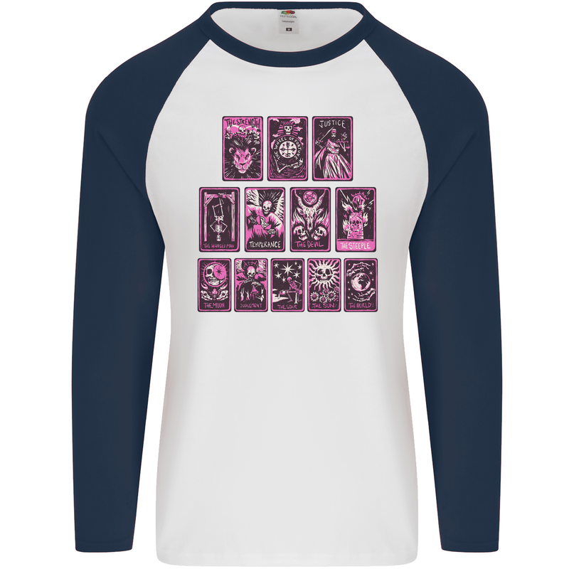 Tarot Cards Fortune Teller Skulls Mens L/S Baseball T-Shirt White/Navy Blue