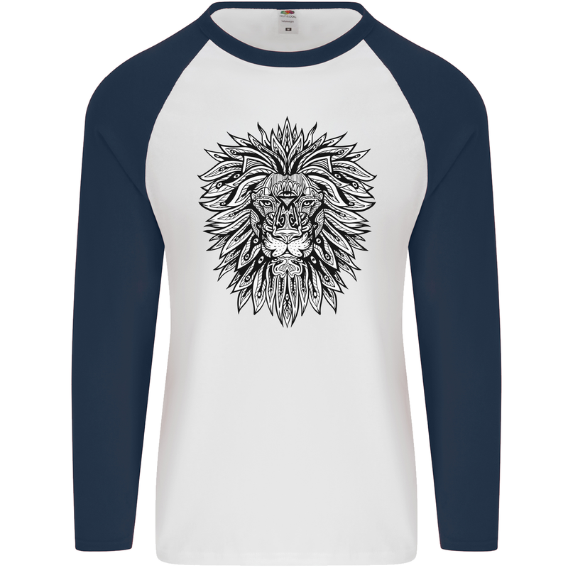 Lion Mandala Art Mens L/S Baseball T-Shirt White/Navy Blue
