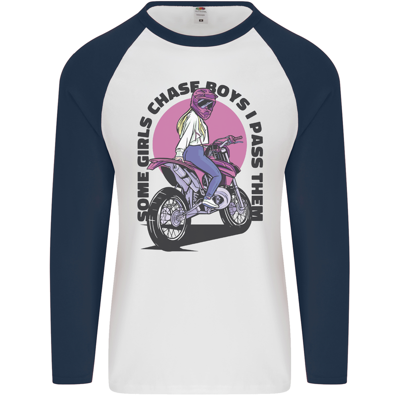 Some Girls Chase Funny Biker Motorcycle Mens L/S Baseball T-Shirt White/Navy Blue