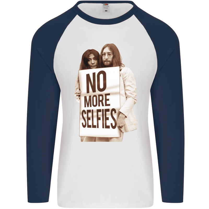 No More Selfies Funny Camer Photography Mens L/S Baseball T-Shirt White/Navy Blue