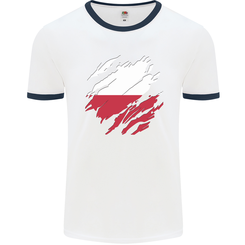 Torn Poland Flag Polish Day Football Mens Ringer T-Shirt White/Navy Blue