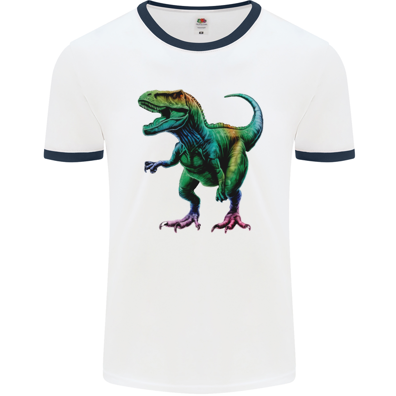 Colourful T-Rex Dinosaur Mens Ringer T-Shirt White/Navy Blue