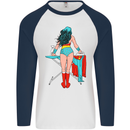Ironing Superhero Funny Mens L/S Baseball T-Shirt White/Navy Blue