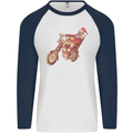 Biker Santa Christmas Motorcycle Chopper Skull Mens L/S Baseball T-Shirt White/Navy Blue