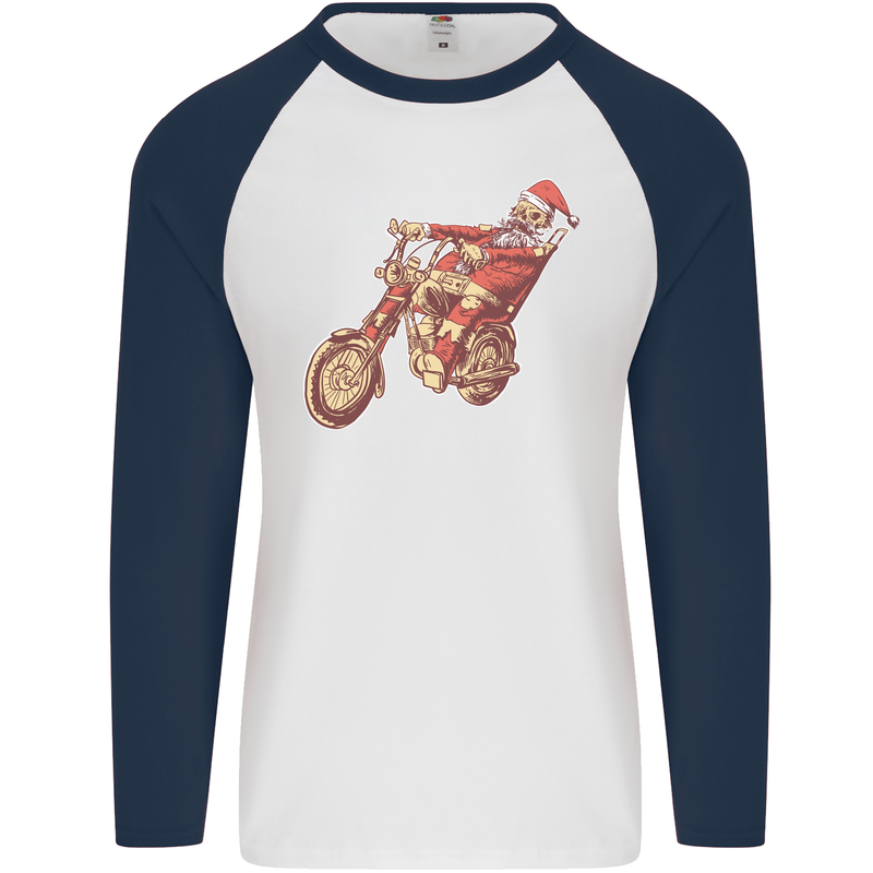 Biker Santa Christmas Motorcycle Chopper Skull Mens L/S Baseball T-Shirt White/Navy Blue