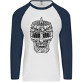 Medieval Skull Helmet Mens L/S Baseball T-Shirt White/Navy Blue
