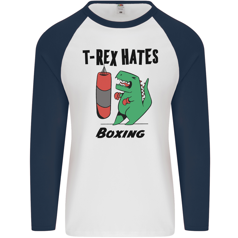 T-Rex Hates Boxing Funny Boxer MMA Sport Mens L/S Baseball T-Shirt White/Navy Blue