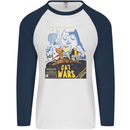 Cat Wars Funny Sci-Fi Mens L/S Baseball T-Shirt White/Navy Blue