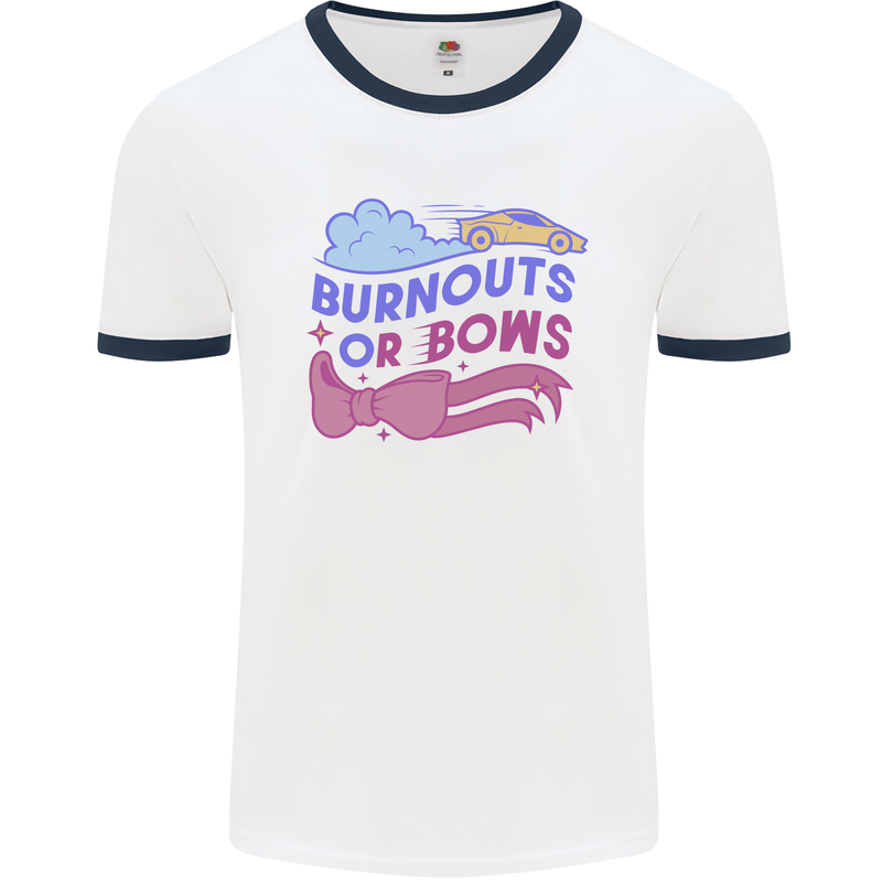 Burnouts or Bows Gender Reveal New Baby Pregnant Mens Ringer T-Shirt White/Navy Blue