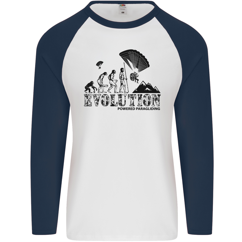 Powered Paragliding Evolution Paraglider Mens L/S Baseball T-Shirt White/Navy Blue