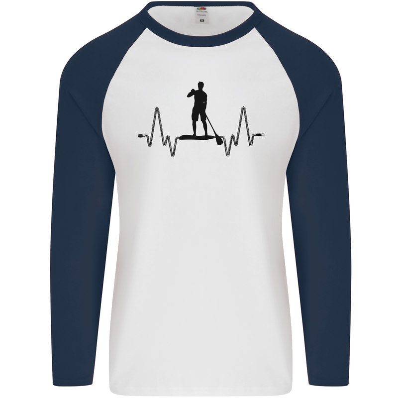 Paddleboard ECG Paddleboarding Pulse Mens L/S Baseball T-Shirt White/Navy Blue