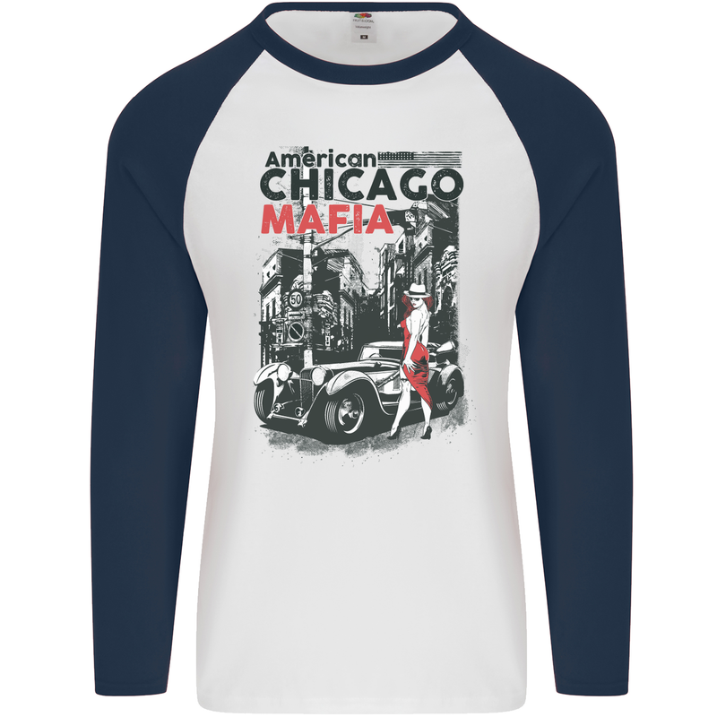 American Chicago Mafia Mens L/S Baseball T-Shirt White/Navy Blue