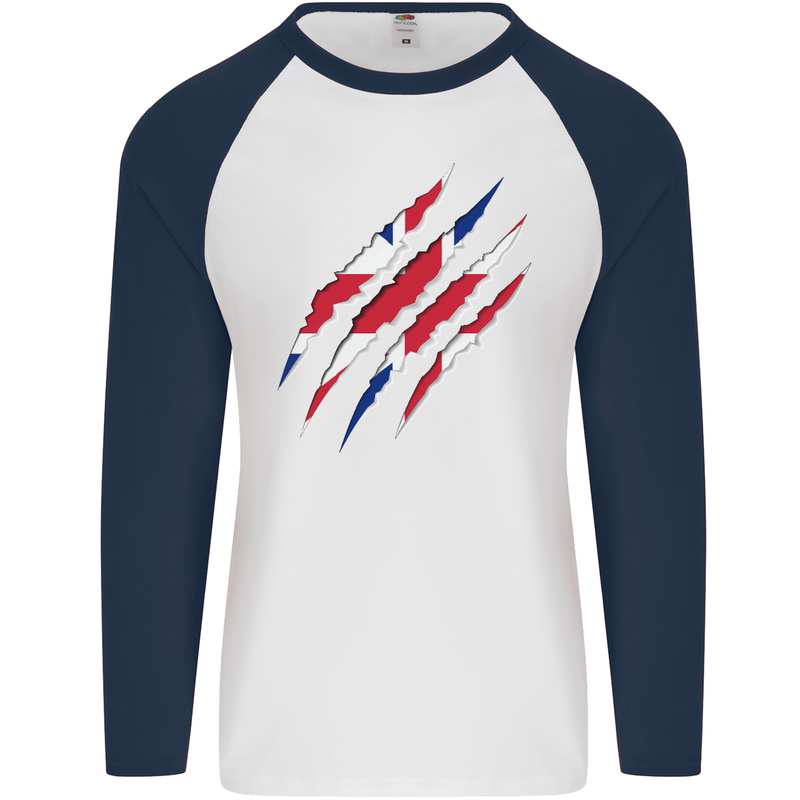 Gym The Union Jack Flag Claw Effect UK Mens L/S Baseball T-Shirt White/Navy Blue