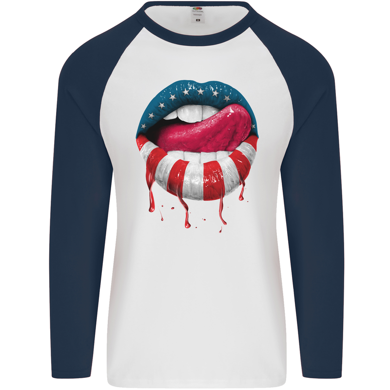 Sexy USA Flag Lips America July 4th Mens L/S Baseball T-Shirt White/Navy Blue