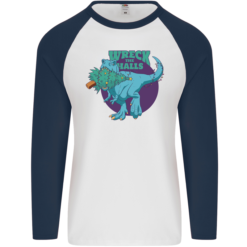 T-Rex Ruining Christmas Wreck the Halls Mens L/S Baseball T-Shirt White/Navy Blue