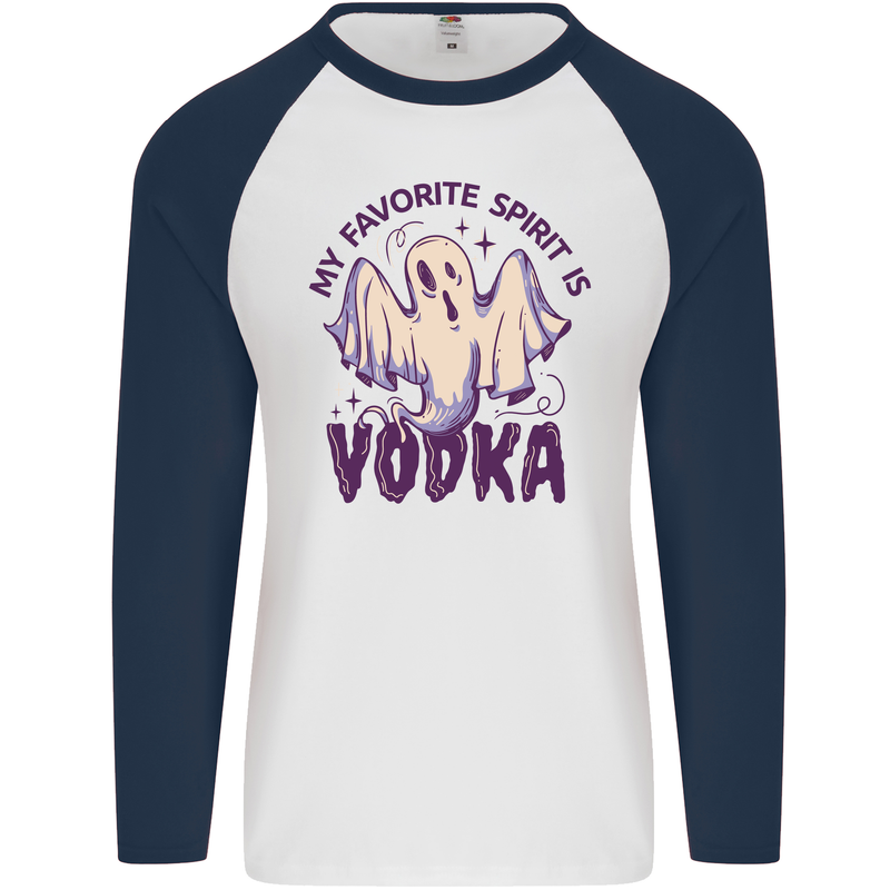 Funny Halloween Alcohol Vodka Spirit Ghost Mens L/S Baseball T-Shirt White/Navy Blue