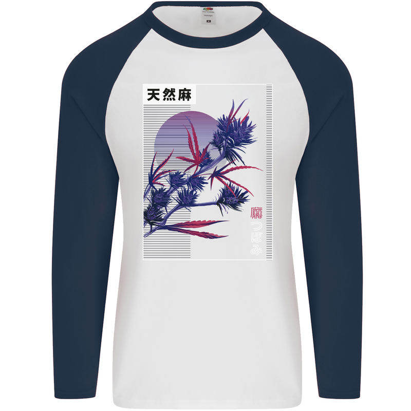 Cannabis Vaporwave Drugs Marijuana Weed Mens L/S Baseball T-Shirt White/Navy Blue